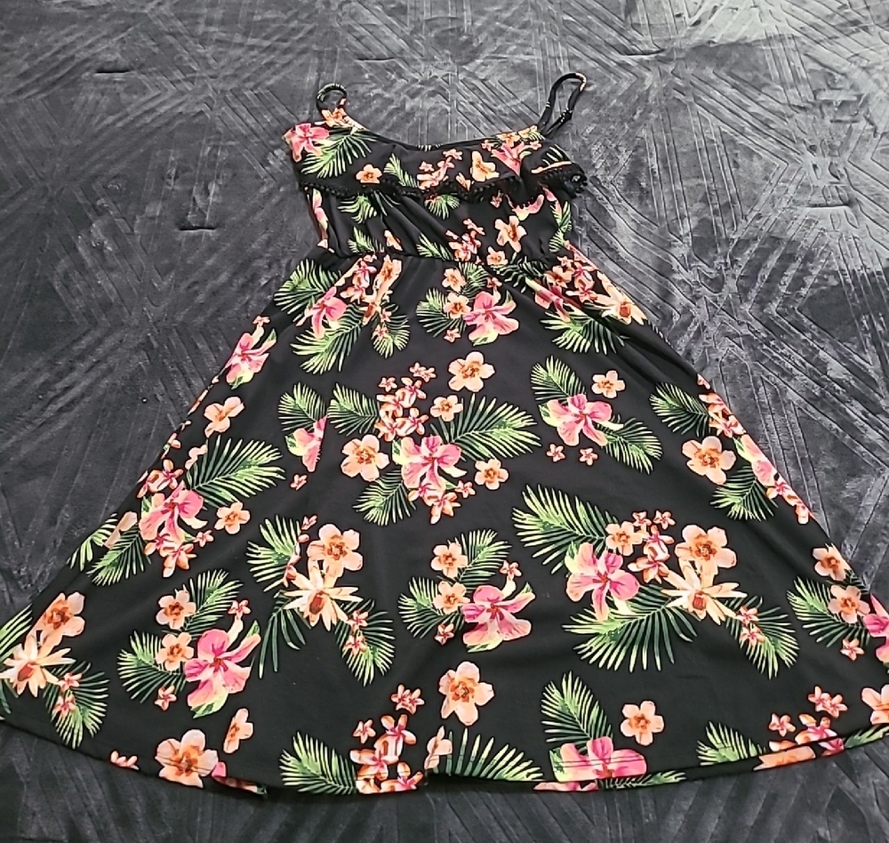 Arizona Jean Company Black Dress with Pink and Green Floral Design